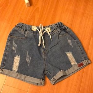 Ripped Drawstring Denim Shorts